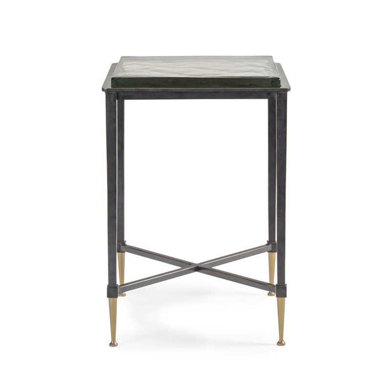 Square Stella side table, 60 cm, featuring a glass top and a black and gold iron base.