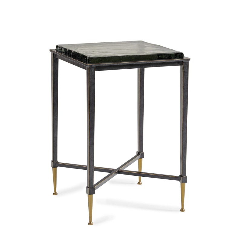 Square Stella side table, 60 cm, featuring a glass top and a black and gold iron base.