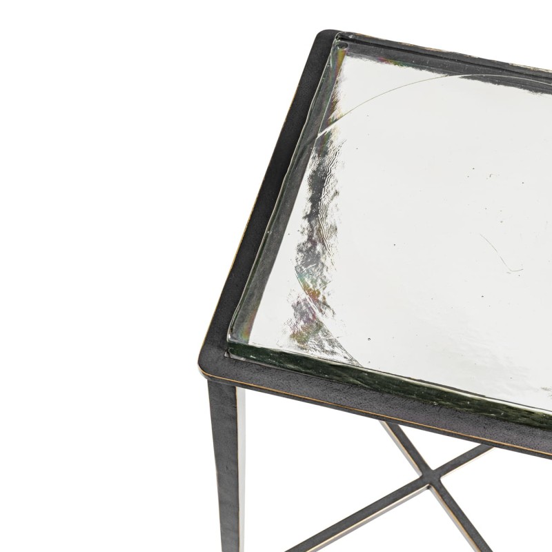 Square Stella side table, 60 cm, featuring a glass top and a black and gold iron base.