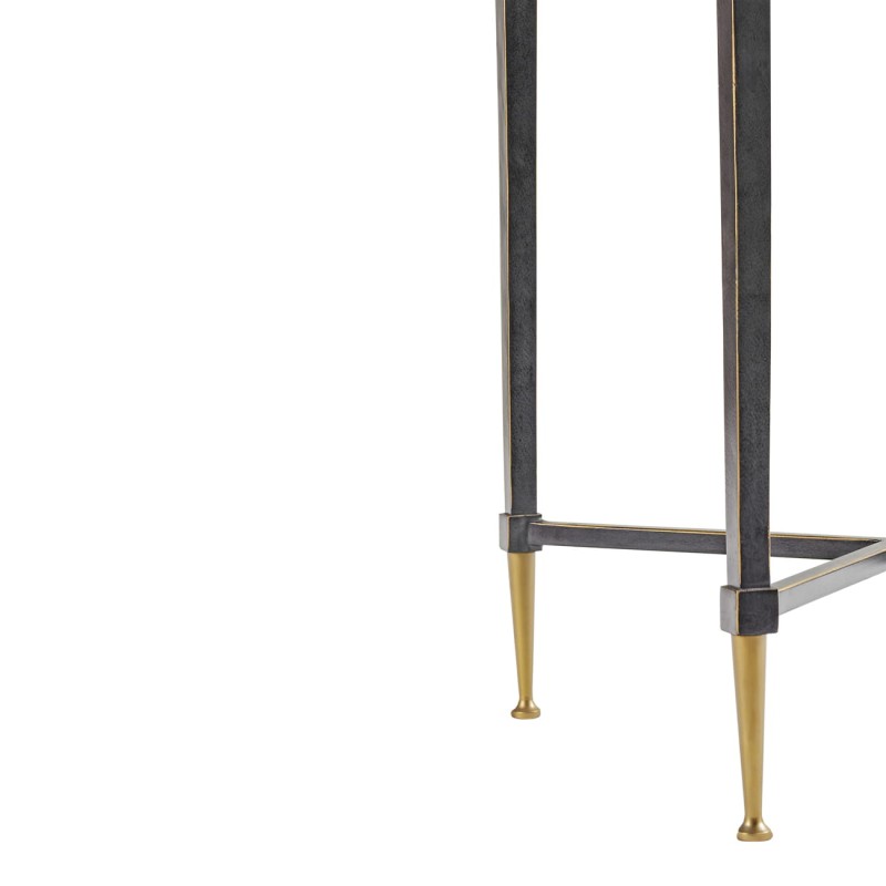 Square Stella side table, 60 cm, featuring a glass top and a black and gold iron base.