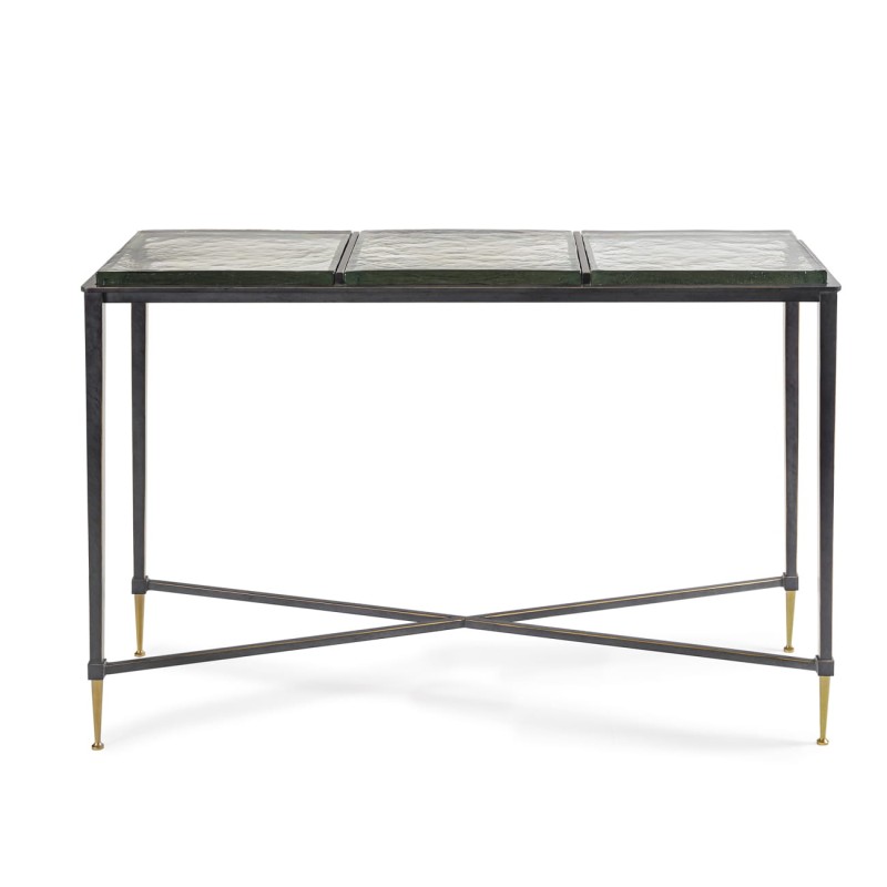 Stella 120 cm black and gold console table featuring a glass top and an elegant iron base.