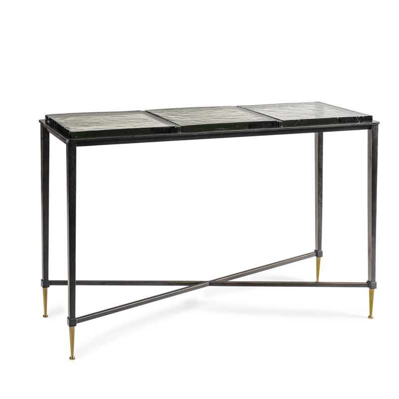 Stella 120 cm black and gold console table featuring a glass top and an elegant iron base.