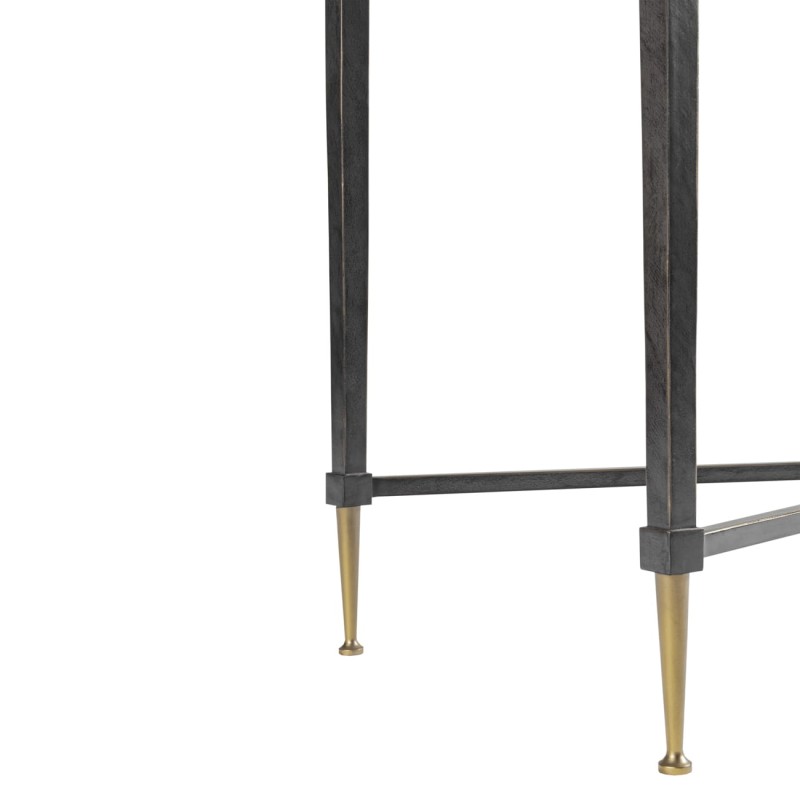 Stella 120 cm black and gold console table featuring a glass top and an elegant iron base.