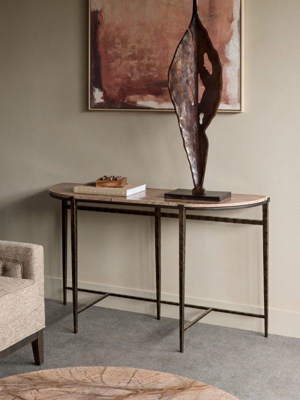 Richwood marble console table, 57 cm, featuring a brown marble top and hand-forged metal legs.