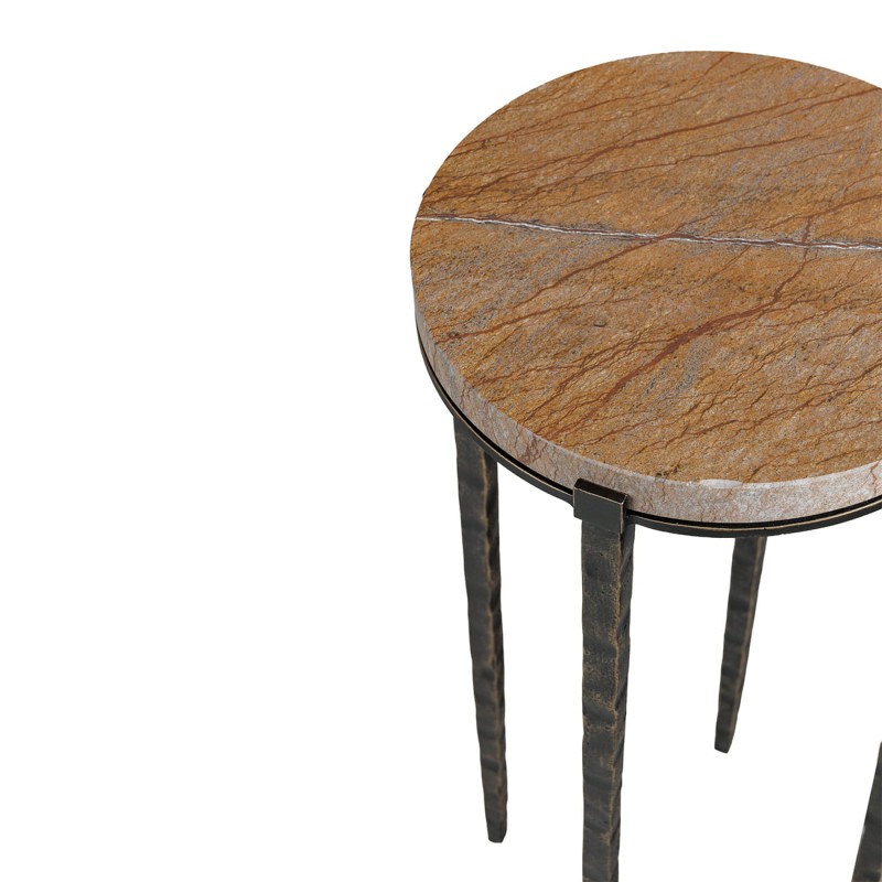 Richwood small side table with brown marble top and metal legs.