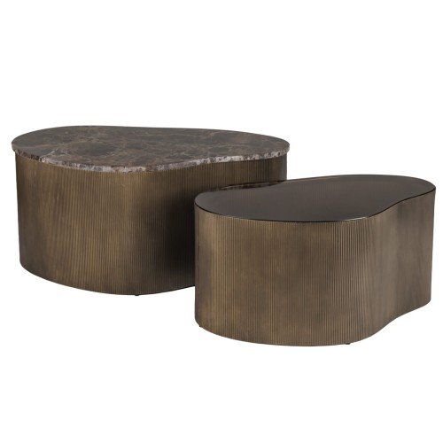 Cloud Double Coffee Table with Brown Marble and Glass Top and Gold Base
