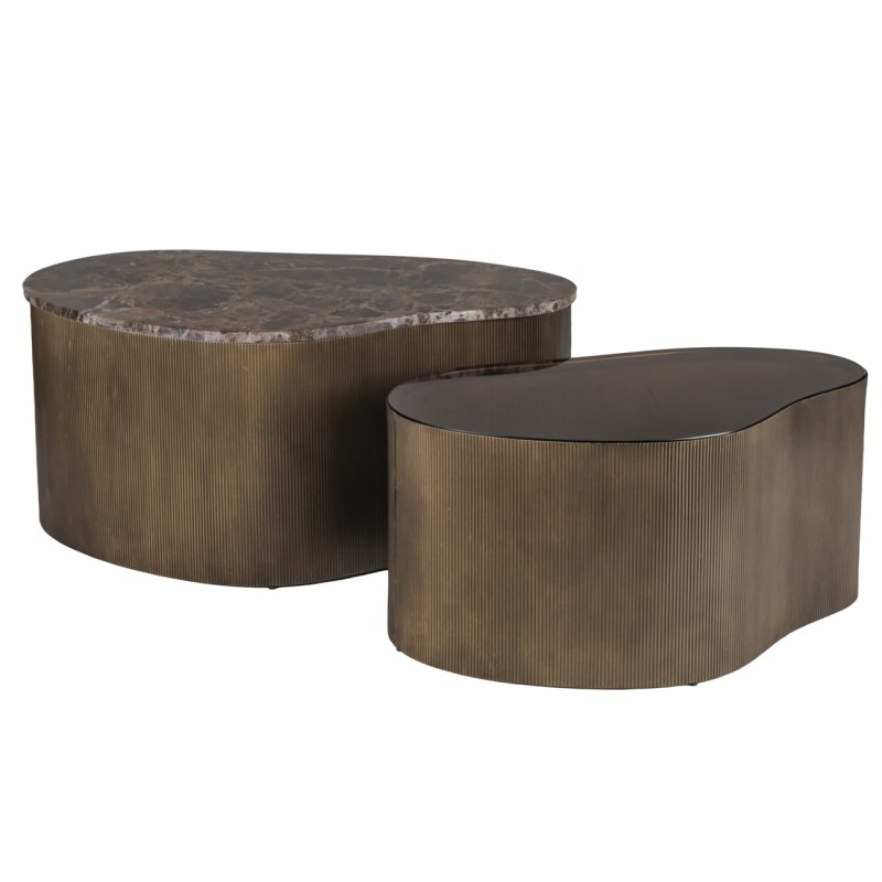 Cloud marble and smoked glass coffee table set with aged-gold ribbed bases