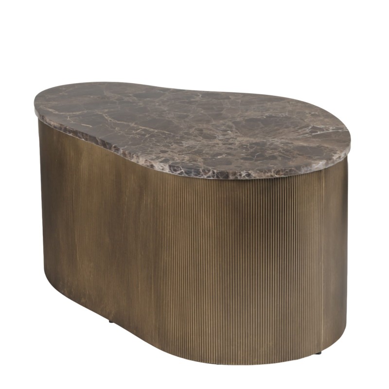 Organic Emperador marble coffee table with a ribbed aged-gold iron base