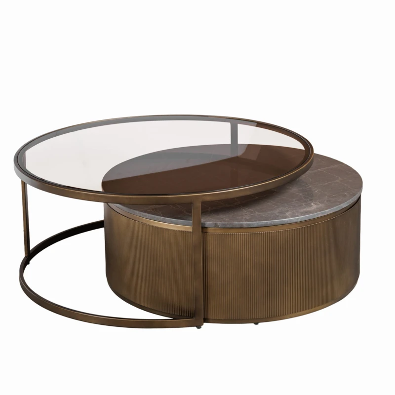 Primrose Royal set of two round nesting coffee tables with marble and bronze-tinted glass