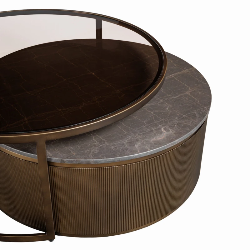 Close-up of the fluted smoked gold metal base on the Primrose Royal coffee tables