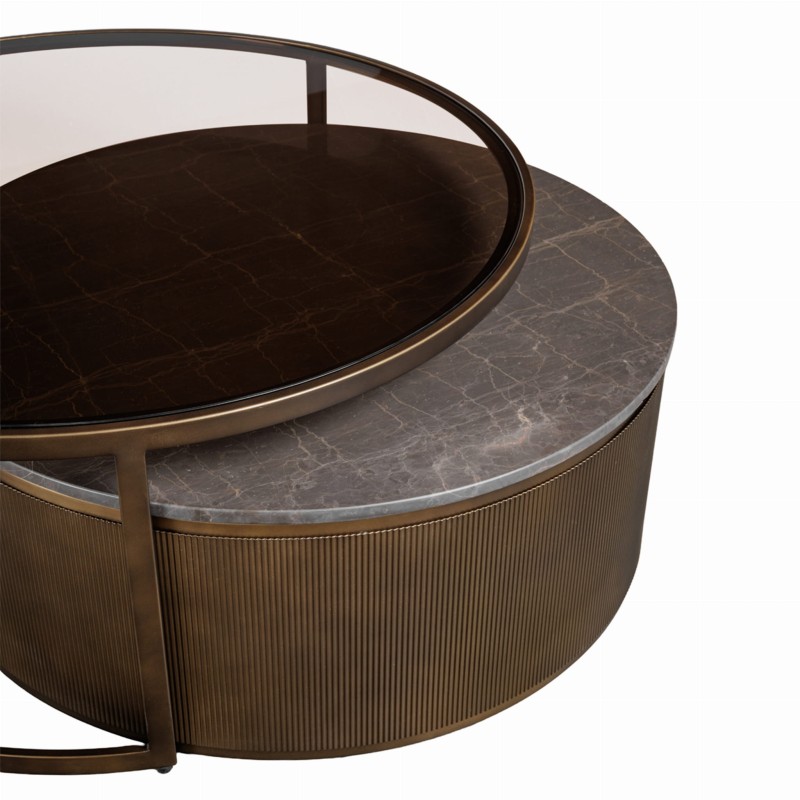 Primrose Royal Set of 2 Coffee Tables 94 cm with Marble and Glass Tops and Gold Base