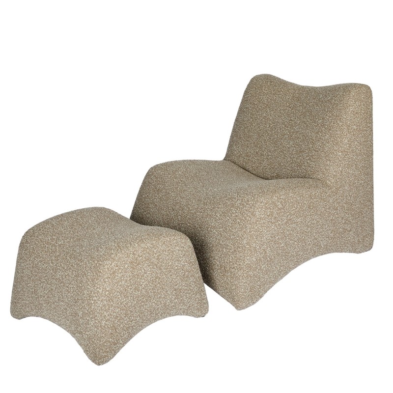 Modal bouclé armchair with footstool in beige and brown. Modern lounge chair.