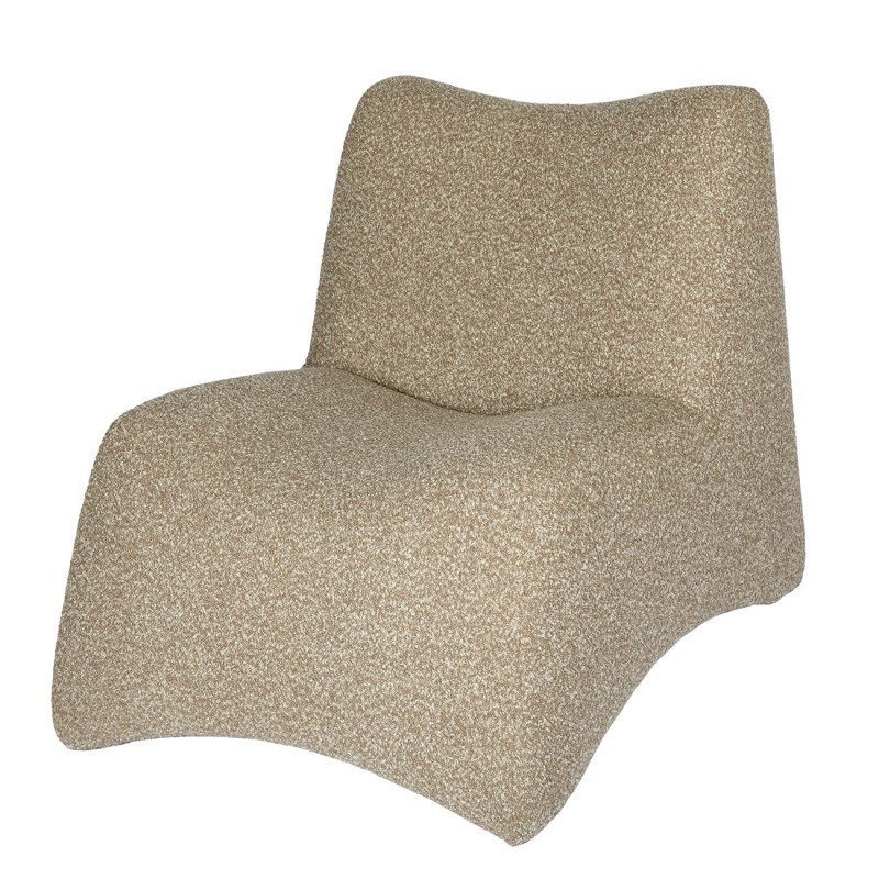 Modal bouclé armchair with footstool in beige and brown. Modern lounge chair.