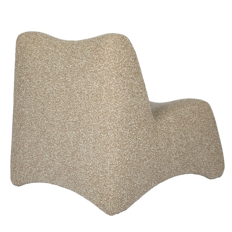 Modal bouclé armchair with footstool in beige and brown. Modern lounge chair.