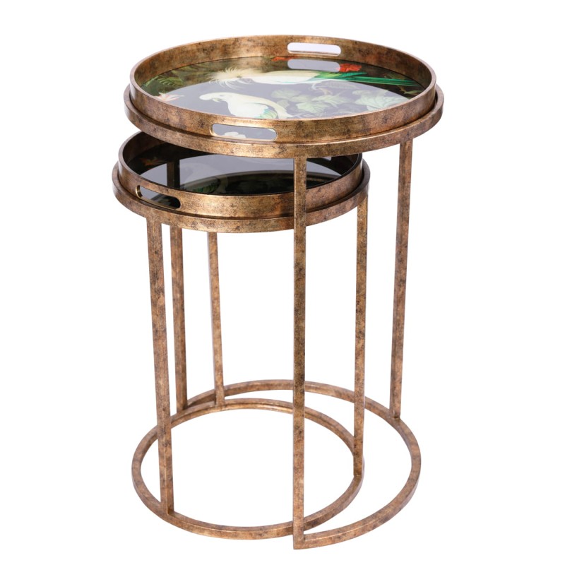 Tropic Nesting Side Tables with Removable Tray Tables in Antique Gold Finish