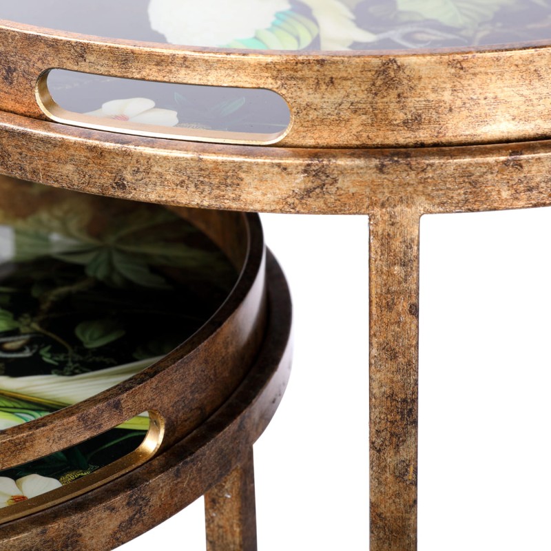 Tropic Nesting Side Tables with Removable Tray Tables in Antique Gold Finish