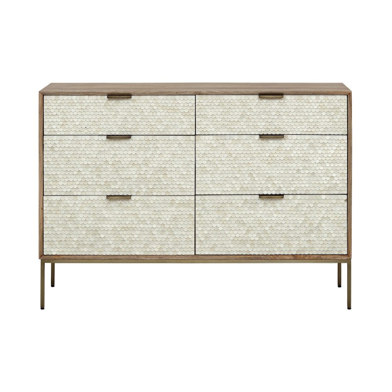 Chesham wooden sideboard 127 cm with six drawers and decorative fronts. Stylish storage cabinet for living room or bedroom.
