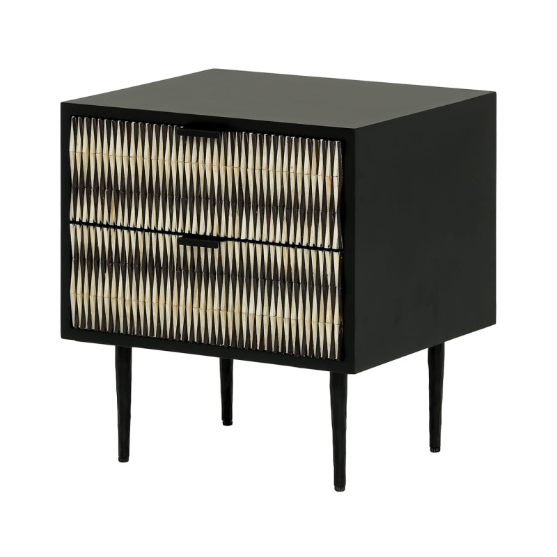 Merida 50 cm black and white bedside table with drawers and decorative fronts, designer nightstand for stylish bedrooms