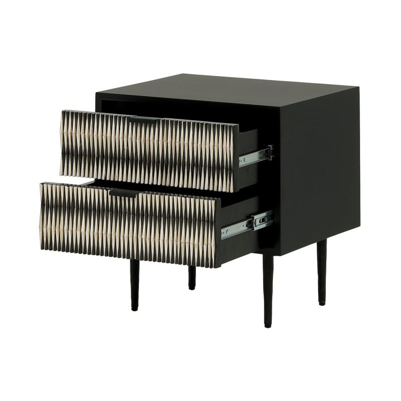 Merida 50 cm black and white bedside table with drawers and decorative fronts, designer nightstand for stylish bedrooms