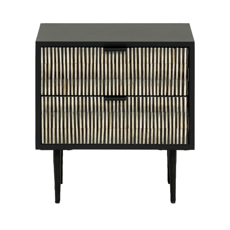 Merida 50 cm black and white bedside table with drawers and decorative fronts, designer nightstand for stylish bedrooms