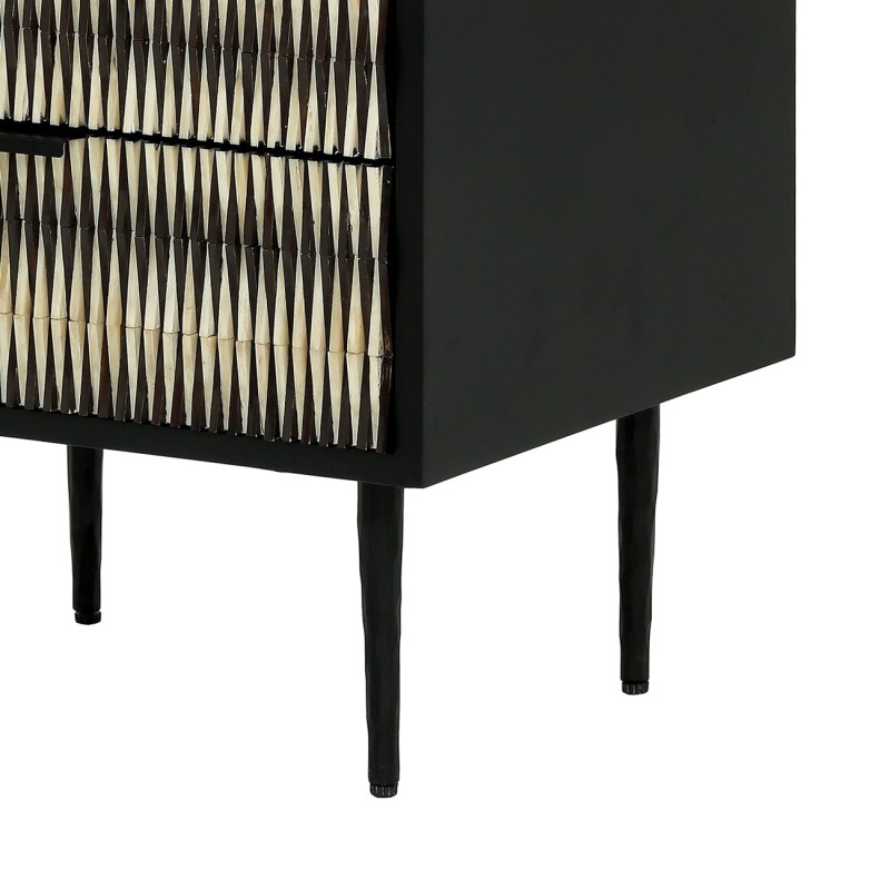 Merida 50 cm black and white bedside table with drawers and decorative fronts, designer nightstand for stylish bedrooms