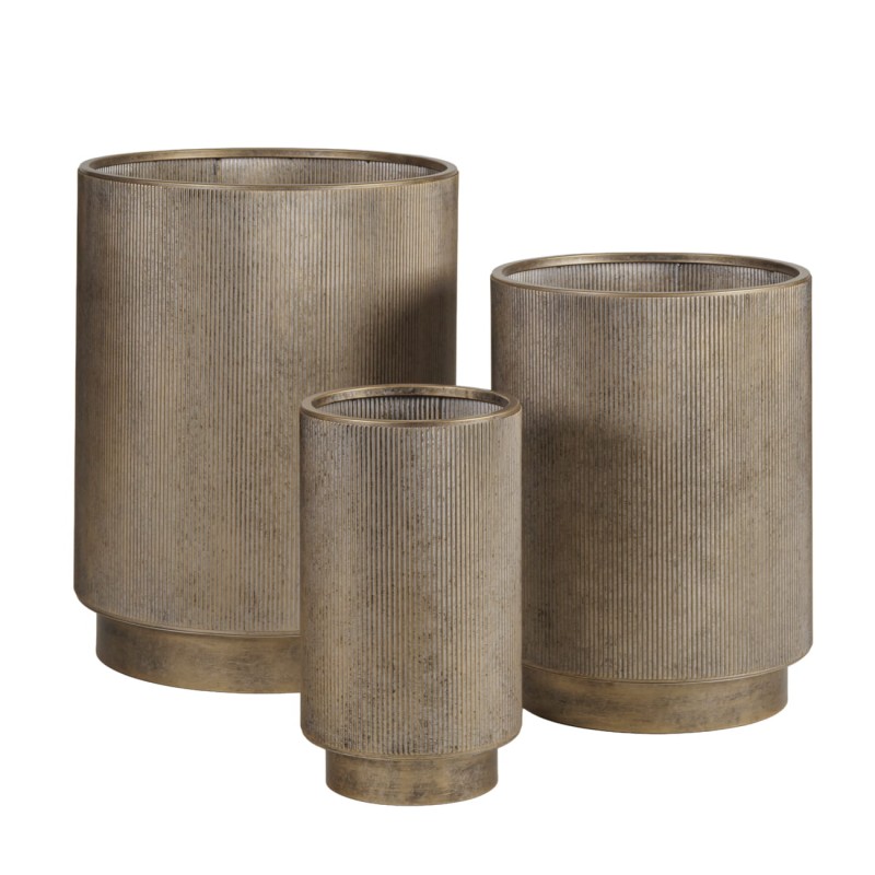 Set of three Primrose iron planters in antique gold, 60 cm tall. Stylish decorative planters for indoor and outdoor spaces with a timeless look.
