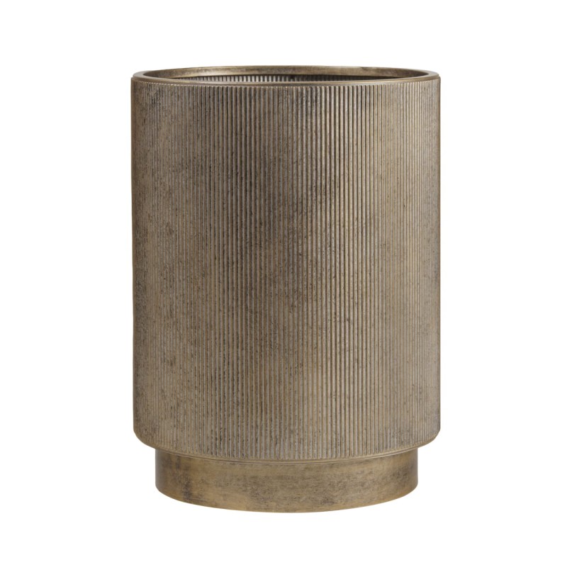 Set of three Primrose iron planters in antique gold, 60 cm tall. Stylish decorative planters for indoor and outdoor spaces with a timeless look.