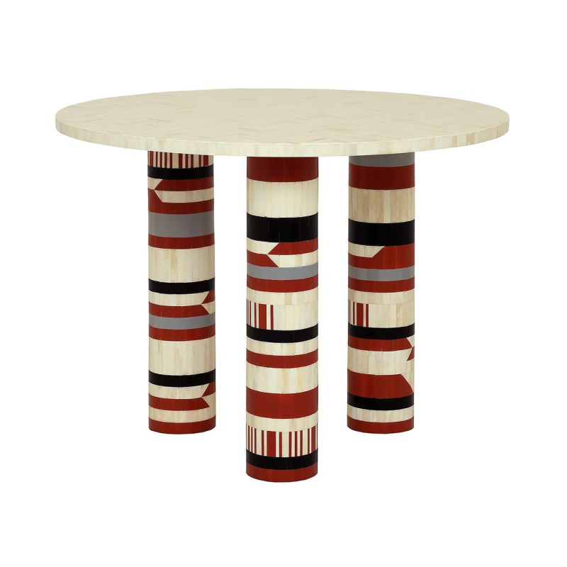 Coco round dining table 90 cm with colourful bone inlay. Stylish designer table for modern dining rooms.