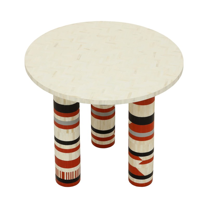 Coco round dining table 90 cm with colourful bone inlay. Stylish designer table for modern dining rooms.