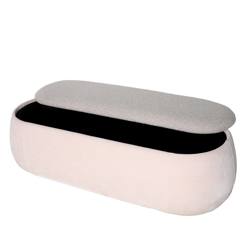 Pimlico beige bouclé velvet storage bench, 142 cm wide. An elegant upholstered bench with hidden storage, perfect for bedrooms, hallways and living spaces.