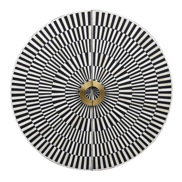 Kinnerton Black and White Wall Shelf with Bone-Inlaid Fronts, 90 cm Diameter, Two Shelves, Gold Accents
