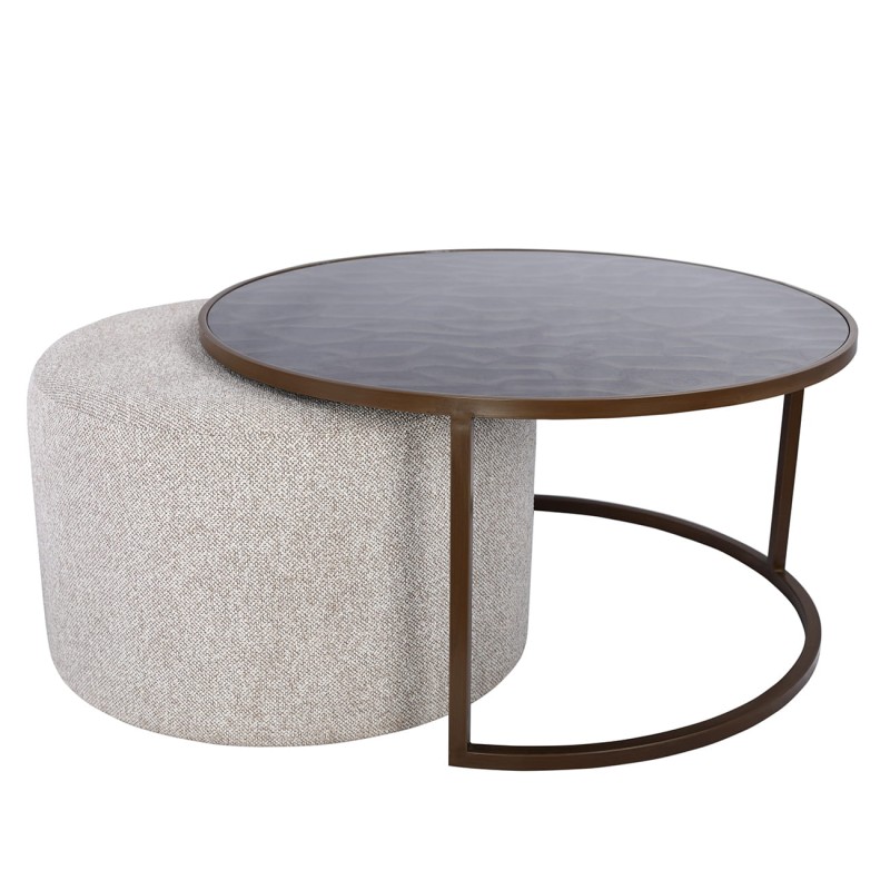 Driftwood coffee table set 80 cm – a round coffee table with matching pouffe, perfect for modern living rooms.