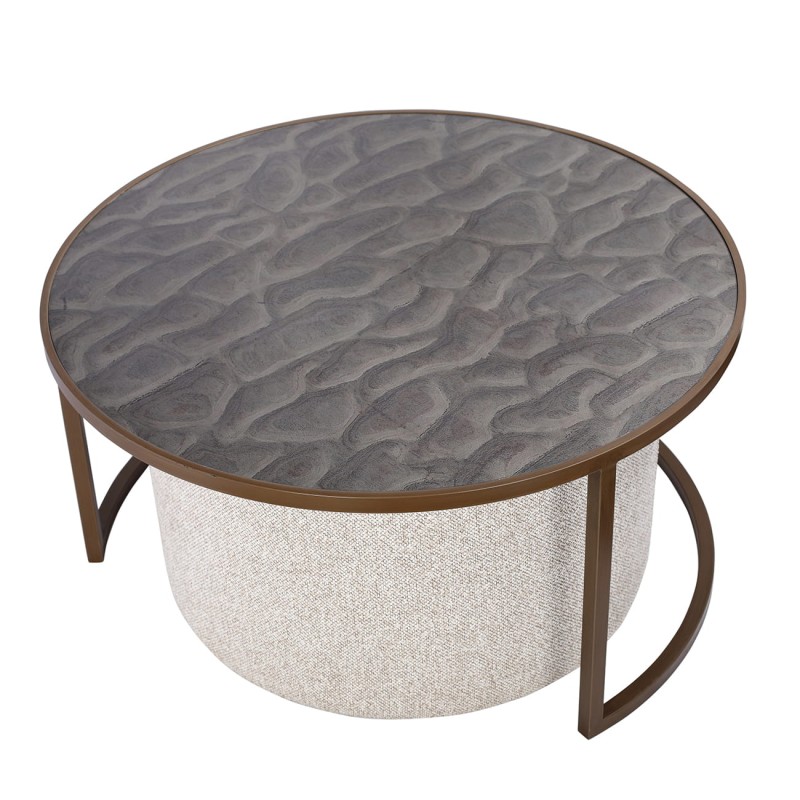 Driftwood coffee table set 80 cm – a round coffee table with matching pouffe, perfect for modern living rooms.