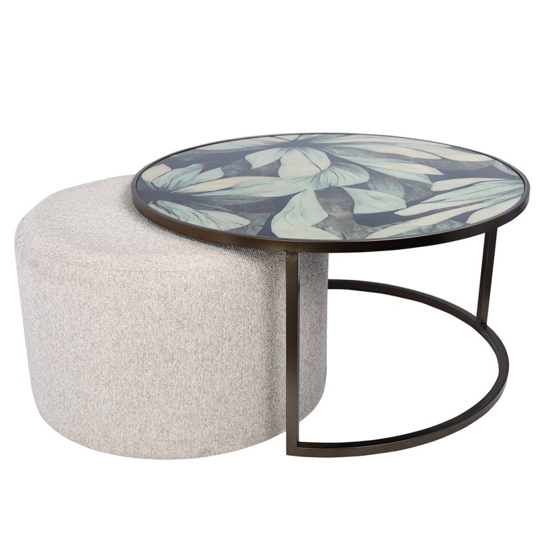 Leaf coffee table set 80 cm – round coffee table with matching pouffe and botanical motif, perfect for stylish living rooms.
