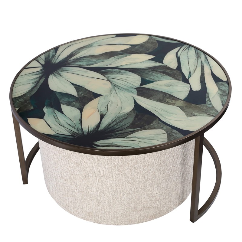 Leaf coffee table set 80 cm – round coffee table with matching pouffe and botanical motif, perfect for stylish living rooms.