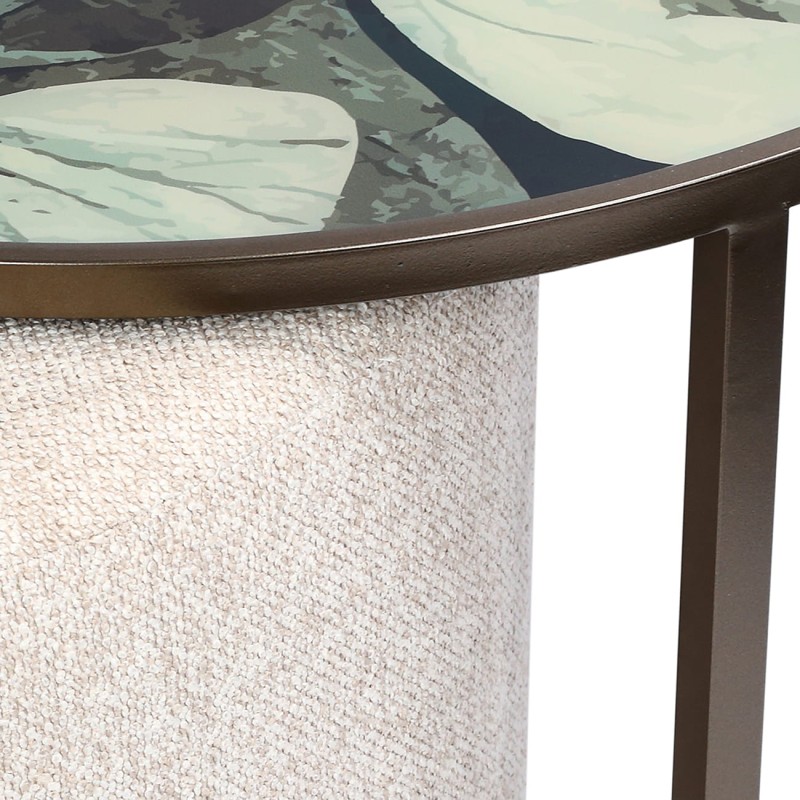 Leaf coffee table set 80 cm – round coffee table with matching pouffe and botanical motif, perfect for stylish living rooms.