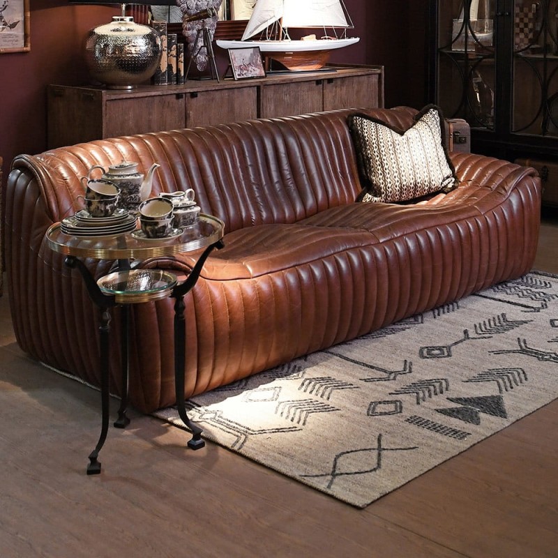 Novum brown leather sofa 215 cm upholstered in stitched brown leather, perfect for stylish modern interiors.