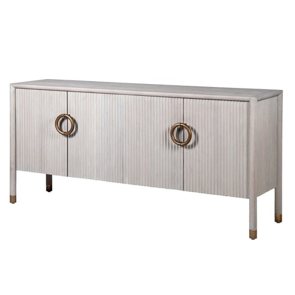 White Belgravia sideboard 180 cm in light oak – an elegant designer sideboard with gold accents, ideal for the living room, dining room or hallway.