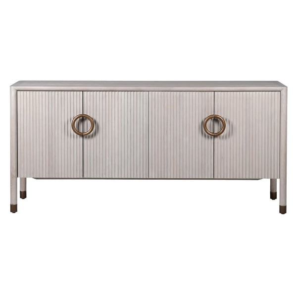 White Belgravia sideboard 180 cm in light oak – an elegant designer sideboard with gold accents, ideal for the living room, dining room or hallway.