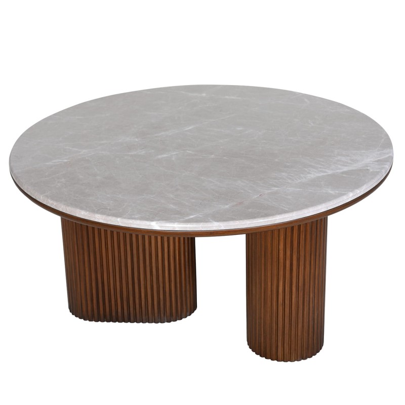Bremner round coffee table with a marble top and wooden base. Elegant 90 × 45 cm design, perfect for modern living rooms.