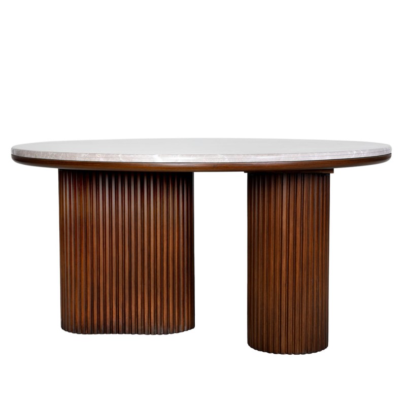 Bremner round coffee table with a marble top and wooden base. Elegant 90 × 45 cm design, perfect for modern living rooms.