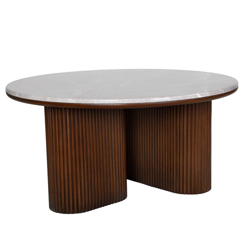 Bremner round coffee table with a marble top and wooden base. Elegant 90 × 45 cm design, perfect for modern living rooms.