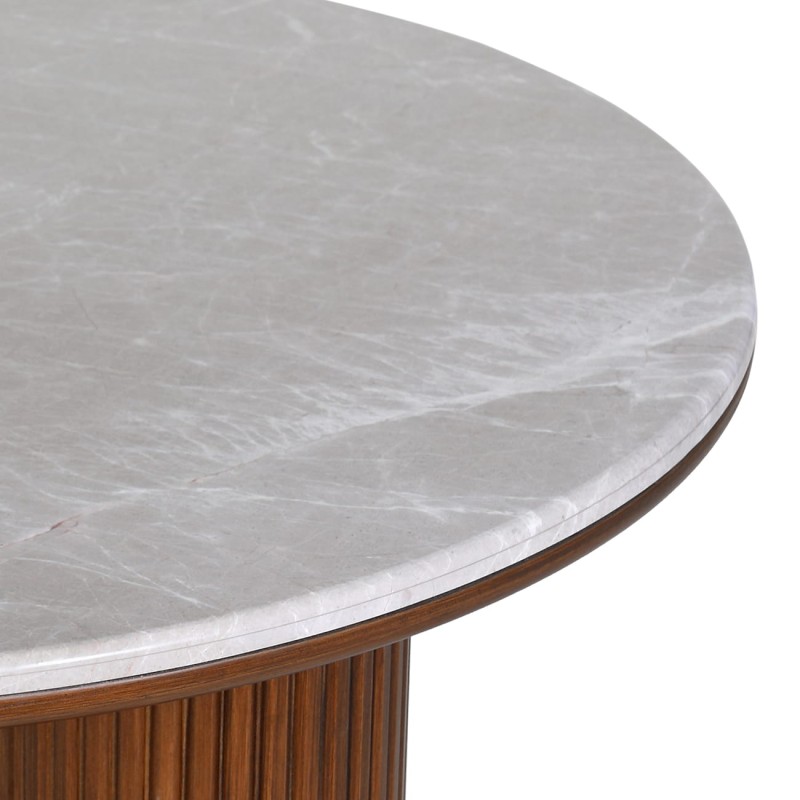 Bremner round coffee table with a marble top and wooden base. Elegant 90 × 45 cm design, perfect for modern living rooms.