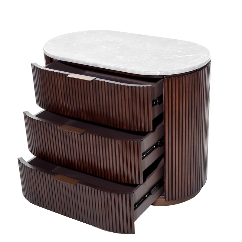 Elegant Bremner wooden bedside table featuring drawers and a refined marble top. A sophisticated 66 cm piece for modern bedrooms.