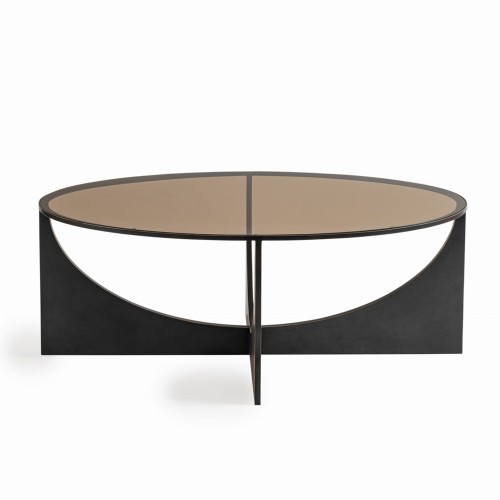 Linton Oval Coffee Table 110 × 65 cm – Smoked Glass Top & Sculptural Iron Base