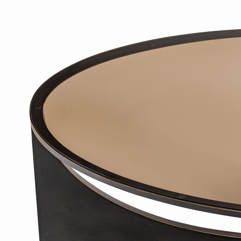 Linton oval glass coffee table with a metal base and refined glass top. Elegant 110 × 65 cm design, perfect for modern living rooms.
