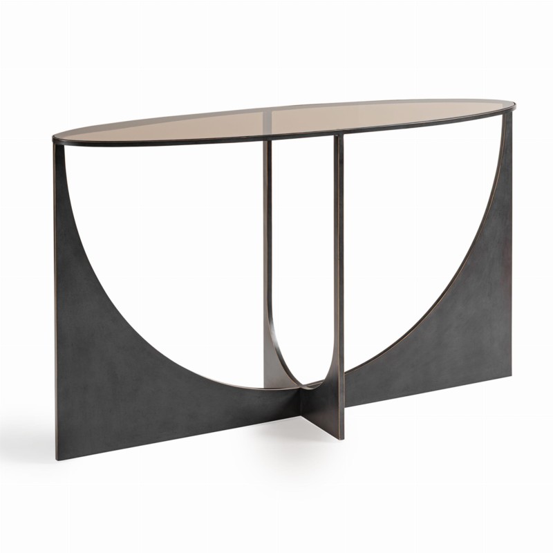 Linton oval glass console table with a metal base and elegant glass top. Slim 130 × 40 cm design, perfect for modern interiors.
