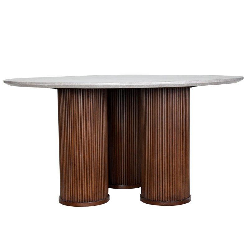 The Bremner round dining table features a marble top and a solid wooden base. With a 150 cm diameter, it is a luxury dining table ideal for elegant dining rooms and modern interiors.