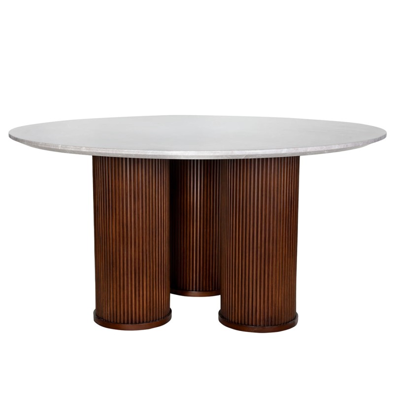 The Bremner round dining table features a marble top and a solid wooden base. With a 150 cm diameter, it is a luxury dining table ideal for elegant dining rooms and modern interiors.
