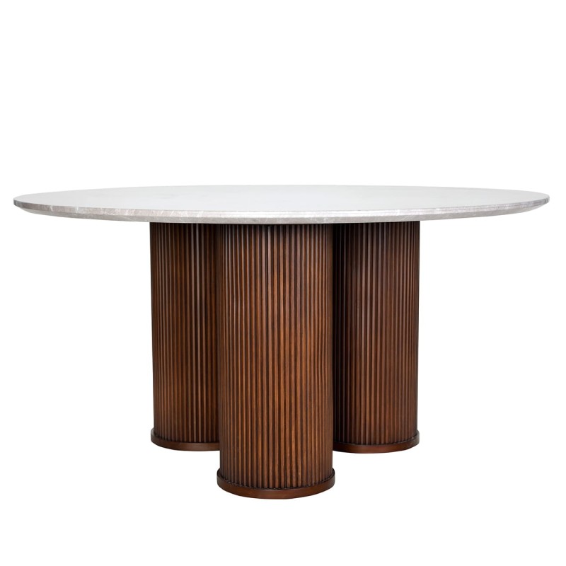 The Bremner round dining table features a marble top and a solid wooden base. With a 150 cm diameter, it is a luxury dining table ideal for elegant dining rooms and modern interiors.